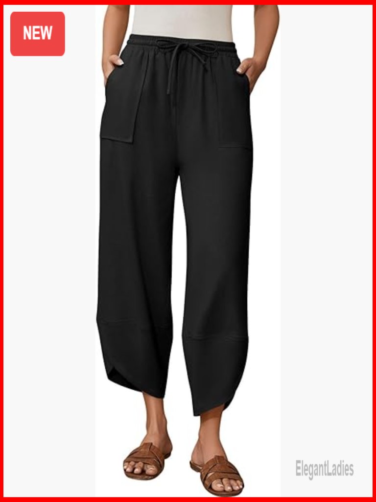 Wide Leg Linen Harem Pants Drawstring Waist Pockets Casual Beach